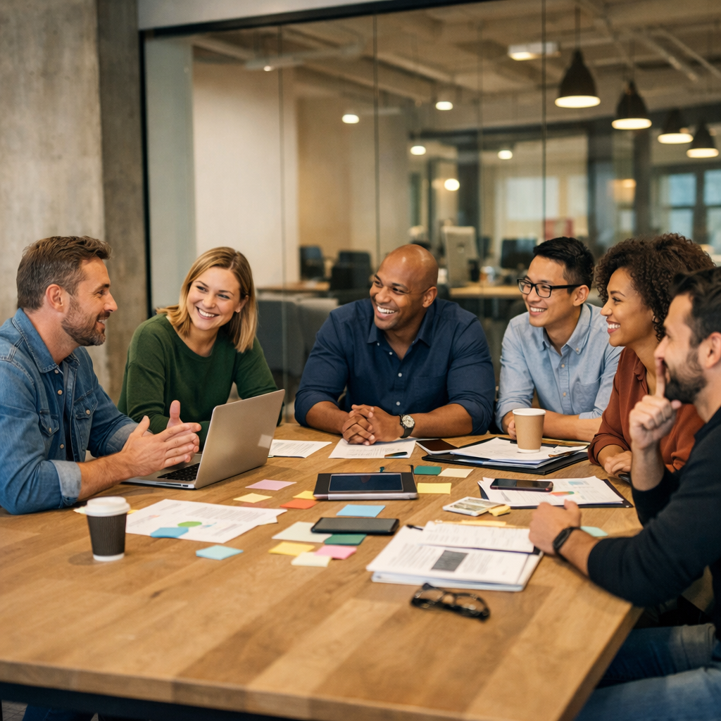 Indiana consulting firm team meeting about employee benefits
