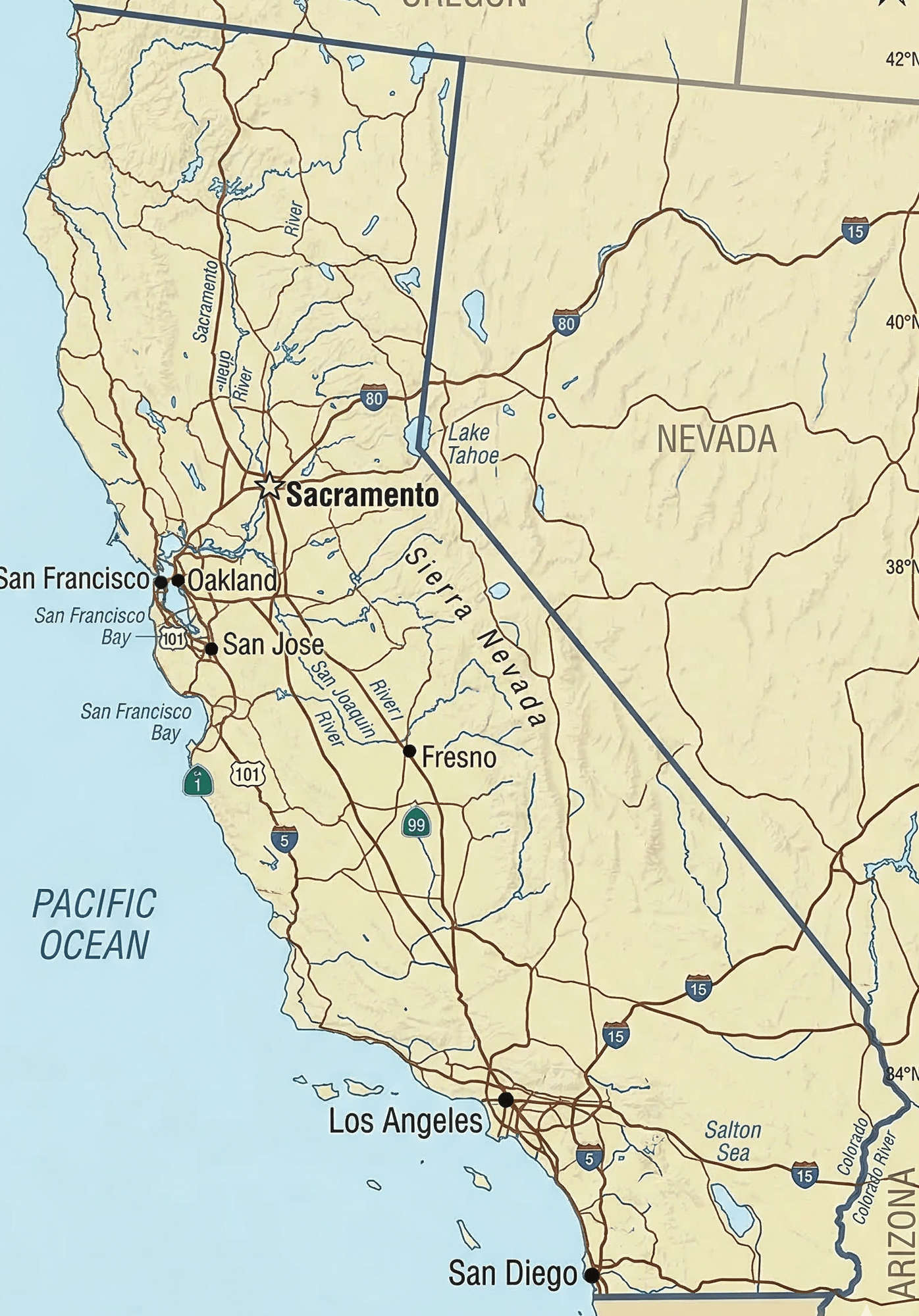 California map with Sacramento, Los Angeles, San Diego, San Fransisco, and Fresno detailed.